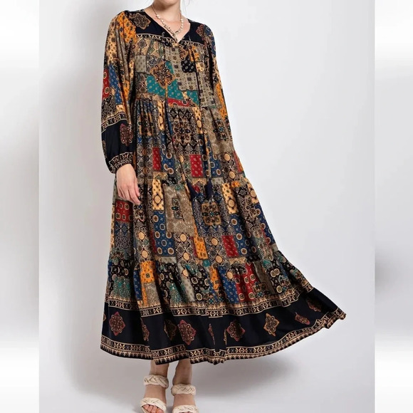 New! Easel Vintage Boho Patchwork Printed Challis Maxi Dress - Picture 4 of 5